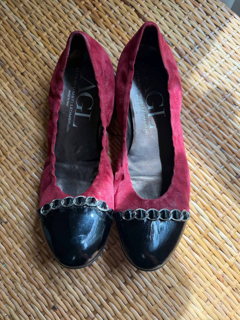 AGL Red Suede and Black Patent Leather Chain-Trim Ballet Flats